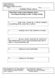 English worksheet: adjectives definitionmrewarding,stressful..etc