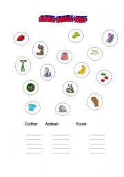 English worksheet: Clothes / Animals / Foods