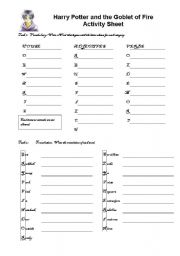English Worksheet: Harry Potter and the Goblet of Fire Follow-Up Actvities