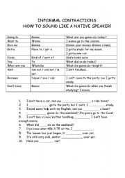 English Worksheet: How To Sound Like A Native Speaker. Informal Contractions gonna wanna gotta etc.