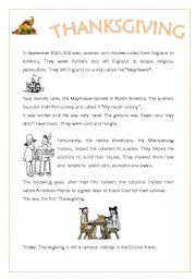 English Worksheet: thanksgiving history