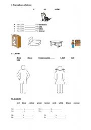 English worksheet: Basic vocabulary - prepositions of place, furniture, clothes, colours, rooms