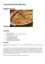 English Worksheet: THANKSGIVING RECIPE: BAKED MASHED POTATOES