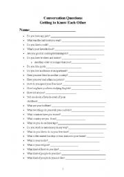 English Worksheet: Getting to know you questions