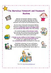 English Worksheet: The Marvelous Homework Machine ( funny poem)