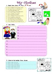 MY CLOTHES - Cute 3-Skills Worksheet - Present Continuous
