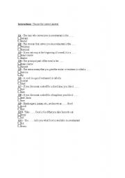English Worksheet: Restaurant Quiz