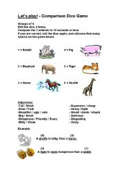 English Worksheet: Comparing Animals Dice Game