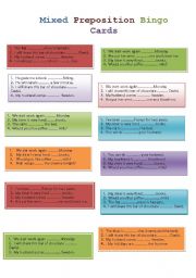 English Worksheet: Mixed Prepostions Bingo Cards