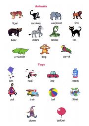 English Worksheet: Picture dictionary. Animals and toys.