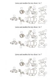 English Worksheet: Toys: listen and number the toys from 1 to 7