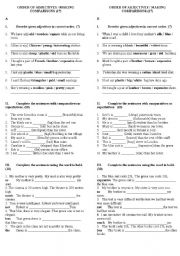 English Worksheet: order of adjectives & making comparisons test