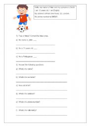 English Worksheet: name,age, address, phone number, nationality