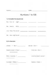 English worksheet: NUMBERS FROM ONE TO ONE HUNDRED