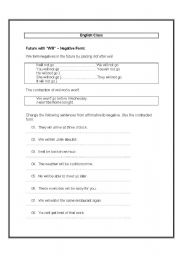 English worksheet: Future with Will  Negative Form