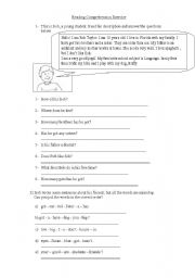 English worksheet: reading compreshension exercise