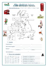 English Worksheet: The British Isles (a map, emblems, nationalities, flags)