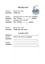English Worksheet: Restaurant Role Play, fill in the missing words!