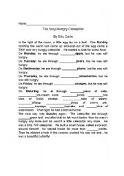 English Worksheet: The Very Hungry Caterpillar-Cloze 