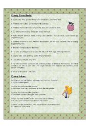 English Worksheet: Funny classifieds and jokes