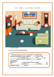 English Worksheet: THERE IS/ THERE ARE: IN THE LIVING ROOM: prepositions