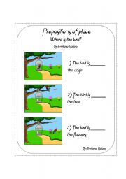 English Worksheet: Prepositions of Place - Where is the bird?