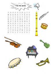 English Worksheet: musical  instruments word search