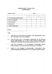 English Worksheet: oral exams marking sheet