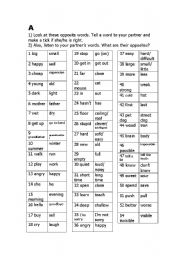 Pair work asking each other what the opposites of different words/short expressions are sheets A and B 