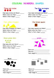 English worksheet: Study numbers, colours and shapes