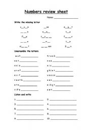 English Worksheet: numbers spelling review sheet