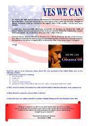 English Worksheet: reading Comprehension: Barack Obama: yes we can