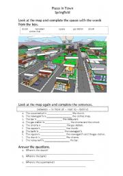 English Worksheet: places in town & prepositions