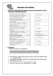 English Worksheet: Thanksgiving - reading comprehension - part 2 of 3 (questions and activities)