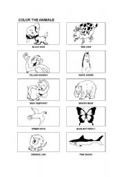 English Worksheet: Animals and colors