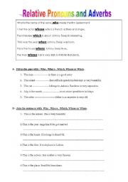 English Worksheet: relative pronouns and adverbs