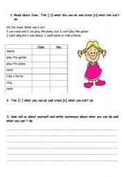 English Worksheet: to practise using can and cant through reading and writing