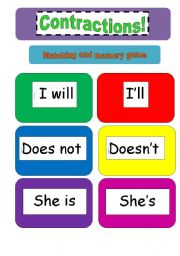 English Worksheet: Contractions : memory and matching cards