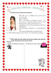 English Worksheet: Reading comprehension : likes and dislikes + gerunds
