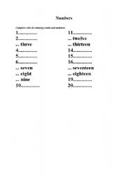 English worksheet: numbers 1-20