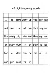 English worksheet: 45 high frequency words