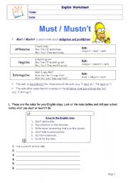 English Worksheet: Must/ Mustnt 