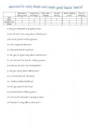 English worksheet: interested in, crazy about, cant stand, good/bad at