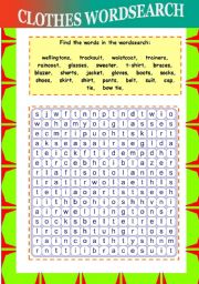 English Worksheet: Clothes wordsearch