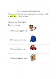 English worksheet: How to express possession with nouns.