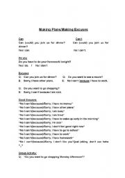 English worksheet: Making Plans/Excuses