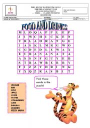 English Worksheet: Food and Drinks Wordsearch