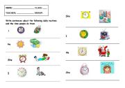 English worksheet: Test routines and free time activities + the time