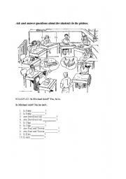 English worksheet: Ask and answer questions about the students in the picture.