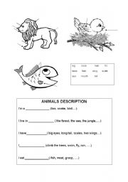 English worksheet: Animals description